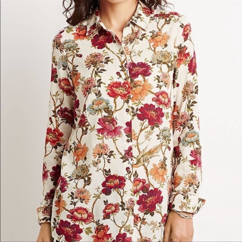 J.Jill Button Down Blouse Peacock Bird Floral Print Top Small